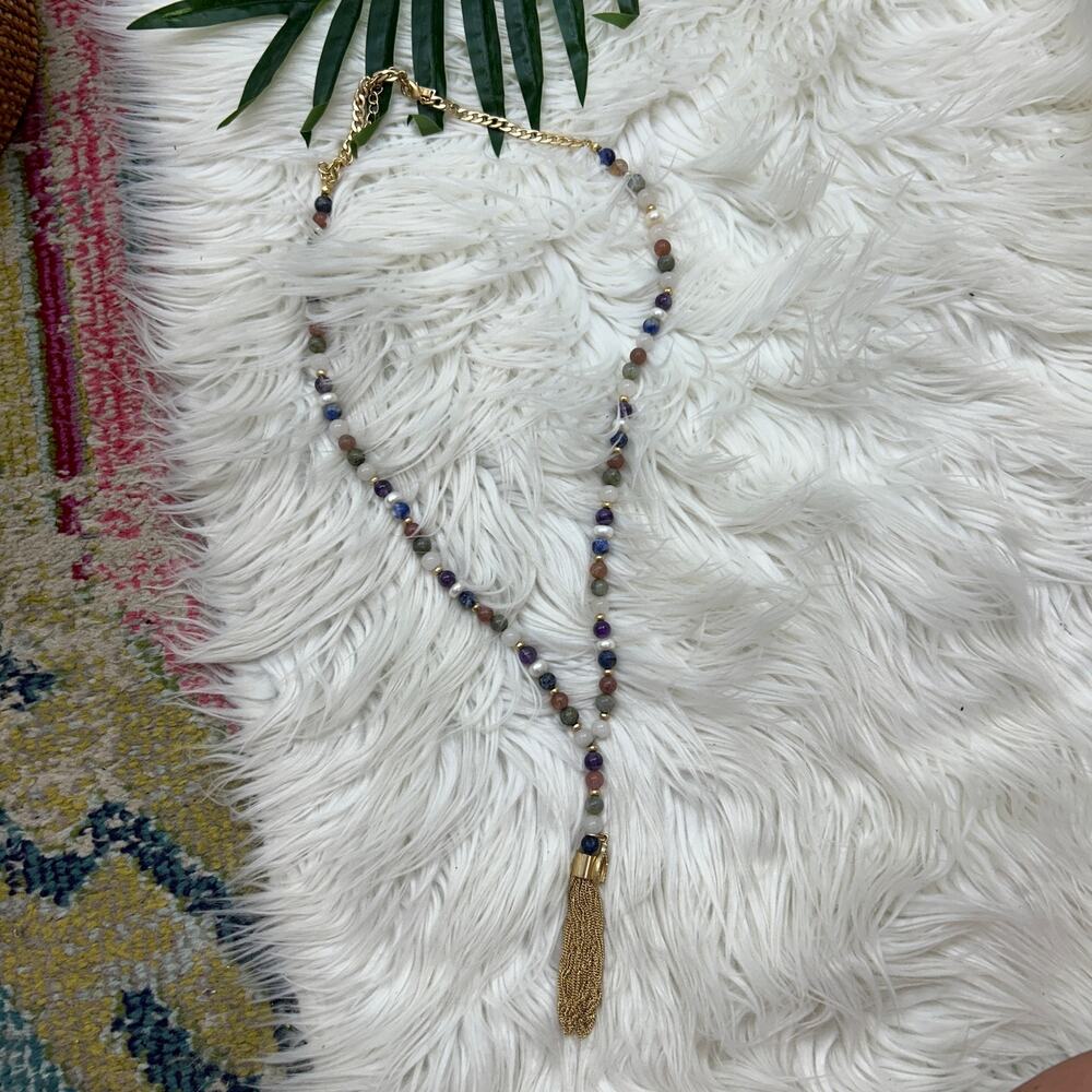 White House Black Market Colorful Gold Tone Long Wishbone Tassel Necklace